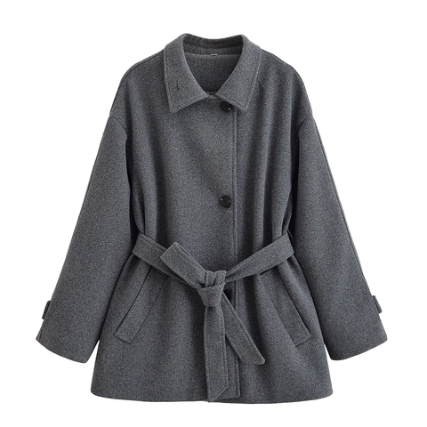 Women Woolen Coat Fashion Lapel Single Breasted Short Jacket With Belt Elegant Solid Color Outerwear Office Casual