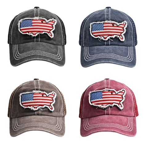 Washed Cotton Trucker Hat Distressed Baseball Cap Mit US Map American Flag Patch Mesh Back Retro Style Verstellbar
