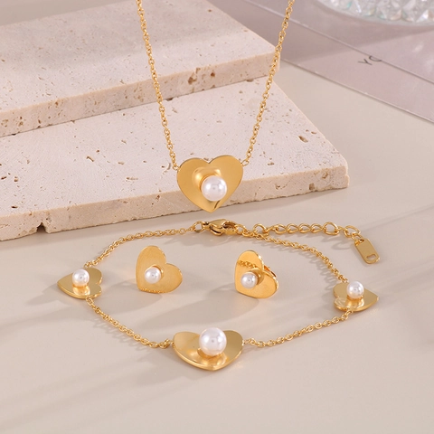 Collar Pulsera Y Pendientes De Acero Inoxidable Con Corazón Perla Artificial Para Mujer Accesorios De Joyería Elegantes