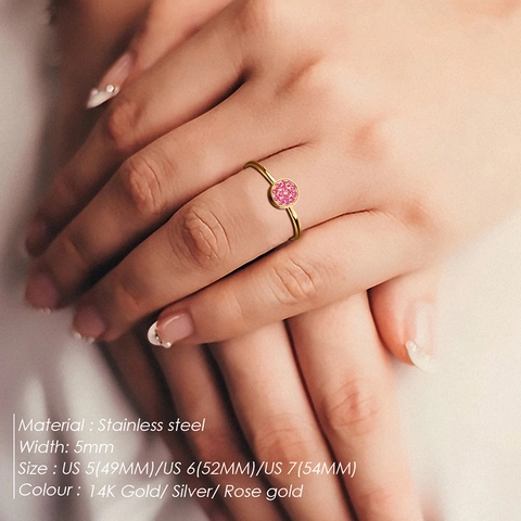 Anillo De Piedra De Nacimiento Pavé Acero Inoxidable Circonita Cúbica Redonda Joyería Minimalista Para Mujeres