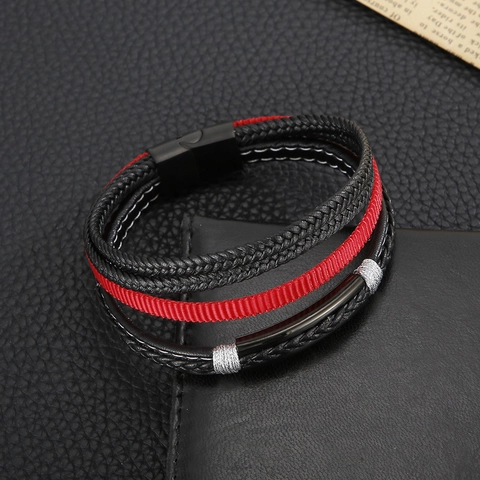 Men Multi-Layer Braided Leather Bracelet With Stainless Steel Magnetic Clasp Casual Woven Cord Wristband Jewelry