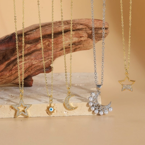 Luxury Pendant Necklace Copper Zircon Imitation Artificial Pearl 14K Gold Plated Star Moon Sun Evil Eye Minimalist Jewelry Women