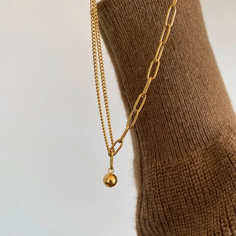 Asymmetric Necklace For Women Titanium Steel 18K Gold Plated Paperclip Thin Chain Splicing Ball Pendant Minimalist Jewelry