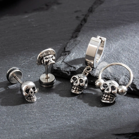 Vintage Skull Stud Earrings Stainless Steel Punk Gothic Hip Hop Distressed Metal Jewelry For Men Women