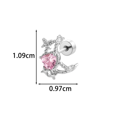 Roze Hart Zirkoon Maan Ster Oorkraakbeen Piercing Stud Titaniumstaal Koper Schroef Terug Verfijnde Sieraden