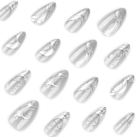 Gothic Silver 3D Relief Press On Nails Short Almond Metallic Chrome Fake Nails For Women Cyberpunk Y2K Manicure Decoration