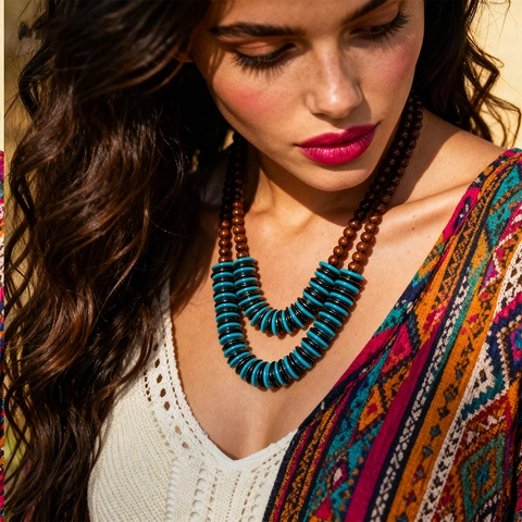 Double Layer Beaded Necklace Wood Coconut Shell Acrylic Disc Ethnic Bohemian Retro Style Sweater Chain For Women
