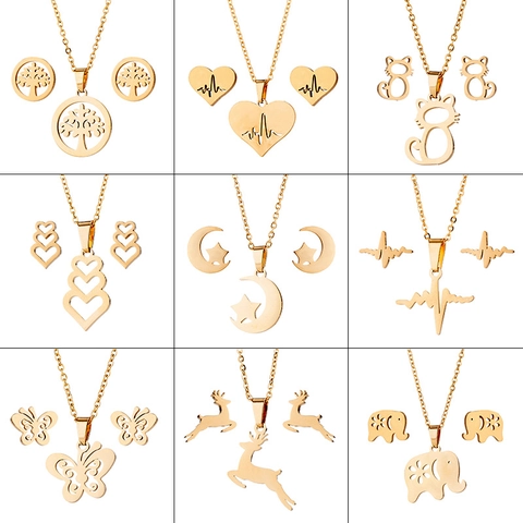 Stainless Steel Jewelry Necklace Earrings For Women Hollow Animal Elephant Butterfly Heart Pulse Star Moon Pendant Jewelry