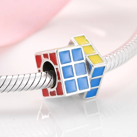 Rubik's Cube Charm Bead 925 Sterling Silver Colorful Enamel DIY Jewelry Accessories For Bracelet Necklace Cute Novelty Geometric