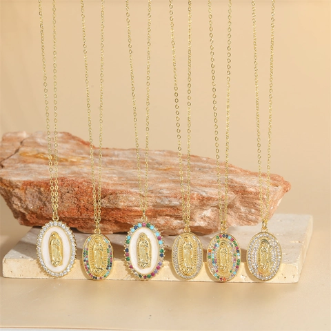Vintage Gold Plattiert Kupfer Jungfrau Maria Anhänger Halskette Elegant Zirkonia Religiöser Schmuck Für Damen Schmuck
