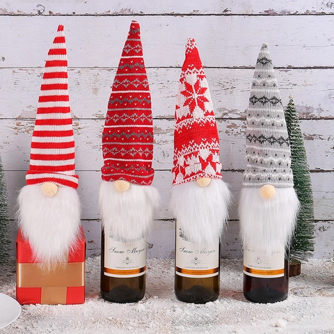 Funda Para Botella De Vino De Navidad Gnomo Muñeco Sin Rostro Gorro De Punto Barba De Pelo Sintético Decoración