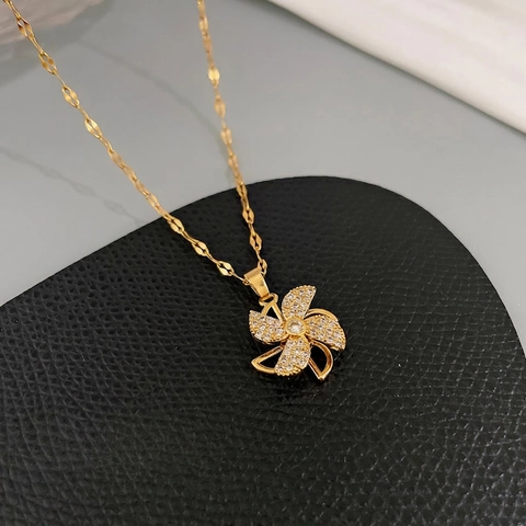 Collana Pendente Mulino A Vento Rotante Acciaio Inossidabile Zirconia Catena Clavicola Placcato Oro Gioielli Eleganti Donne