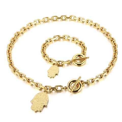 Collar Y Pulsera Mano De Hamsa Acero Inoxidable Cadena Gruesa Cierre De Timón Colgante Grabado Joyería Boho Para Mujeres