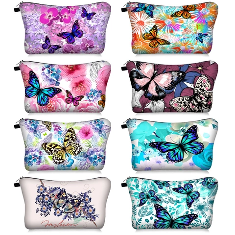 Bolsa De Cosméticos Estampado Mariposa Floral Poliéster Cremallera Neceser Maquillaje Portátil Viaje Mujeres