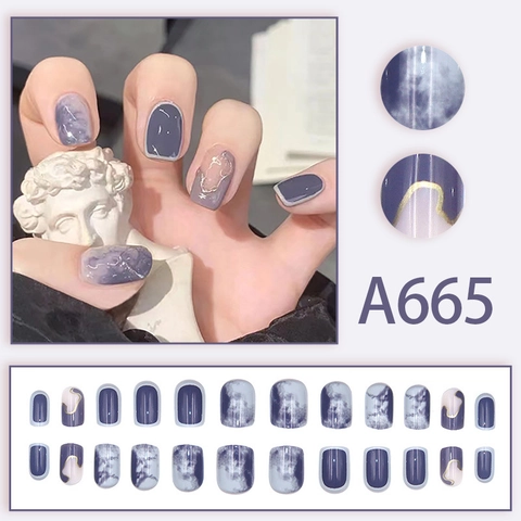 Short Round Press On Nails Blue Purple Marble Gradient Design Gold Line Elegant Artificial Finger Nails With Glue For Women Manicure
