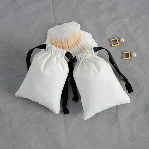 Small Drawstring Jewelry Bags White Cotton Linen Pouch With Black Ribbon For Gift Packaging And Accessory Storage