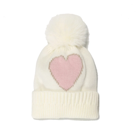 Kids Knit Beanie Hat Acrylic Warm Winter Heart Pattern Faux Fur Pompom Soft For Girls Toddlers Cute Outdoor Daily