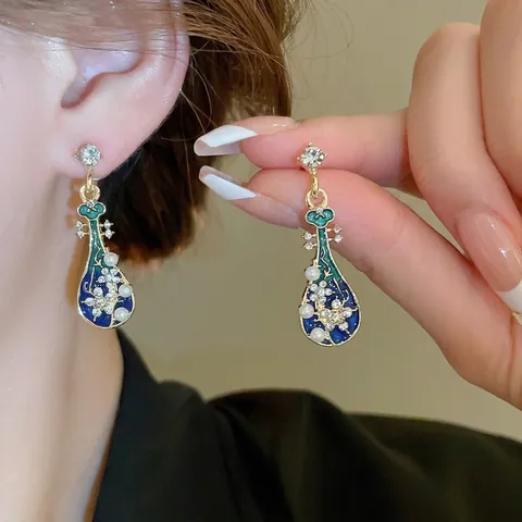Boucles D'oreilles Pendantes Pipa Avec Tige En Argent Émail Künstliche Perle D'imitation Strass Style Chinois Bijoux Rétro Femmes