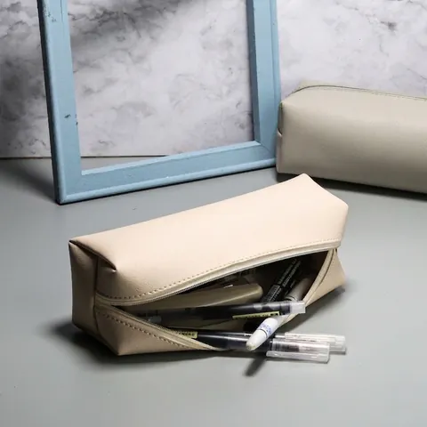 Minimalist PU Leather Pencil Case Portable Zippered Makeup Brush Storage Bag For Students Office Stationery Pouch