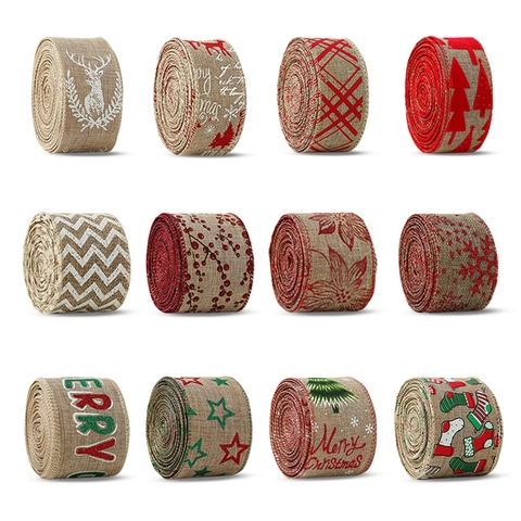 Ruban Noël Tissu Faux Jute Motif Renne Arbre Flocon Neige Emballage Cadeau Décoration Sapin Ornements Festifs