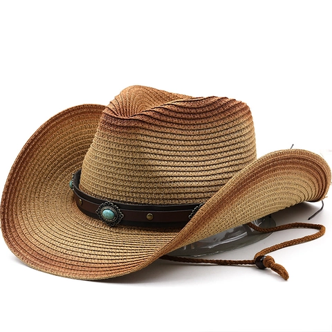 Western Cowboy Strohoed Brede Rand Ombre Papier Weefsel Zonbescherming Strand Reizen Met Turquoise Band Verstelbaar Windtouw