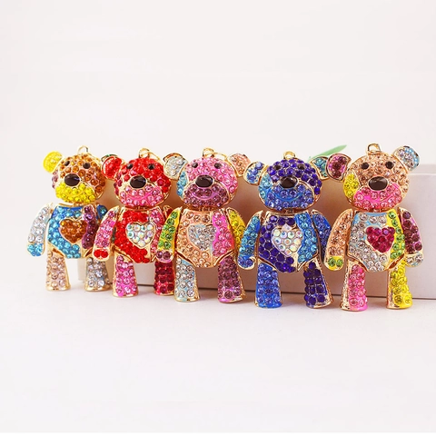 Cute Bear Keychain Shiny Rhinestone Zinc Alloy Heart Pattern Colorful Patchwork Bag Pendant Car Key Ring For Women