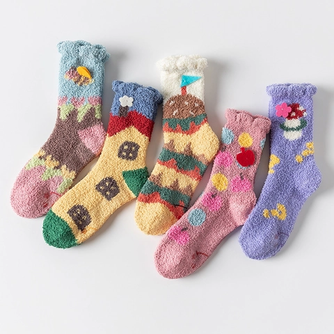 Women Japanese Style Coral Fleece Socks Cartoon House Honeybee Pattern Thick Warm Plush Mid-Calf Floor Sleeping Socks