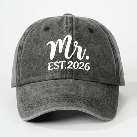 Mr Mrs Est 2026 Baseball Cap Washed Fabric Adjustable Retro Anniversary Wedding Engagement Gift Hat For Couples