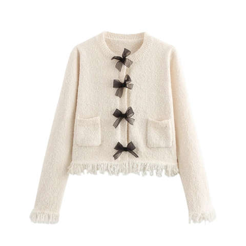 Cardigan In Maglia E Minigonna Da Donna Con Fiocchi Neri Frange Crema Texturizzato Manica Lunga Elegante