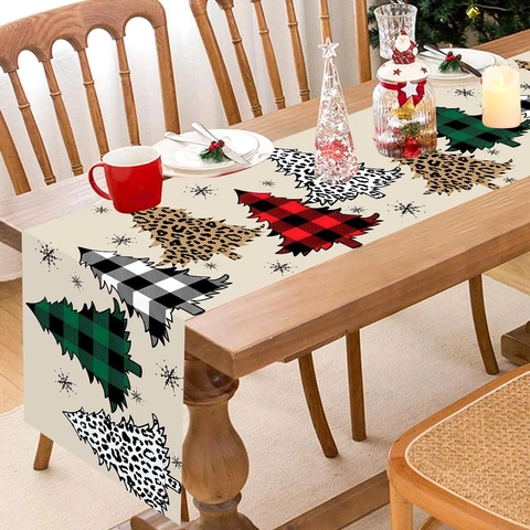 Chemin De Table Noël Polyester Sapin Motif Carreaux Léopard Flocons De Neige Décoration Salle À Manger Fête Beige Rectangulaire
