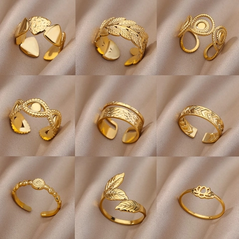 Anello Regolabile Acciaio Inossidabile Placcato Oro 18K Boho Foglia Occhio Del Diavolo Texture Martellata Donna Uomo