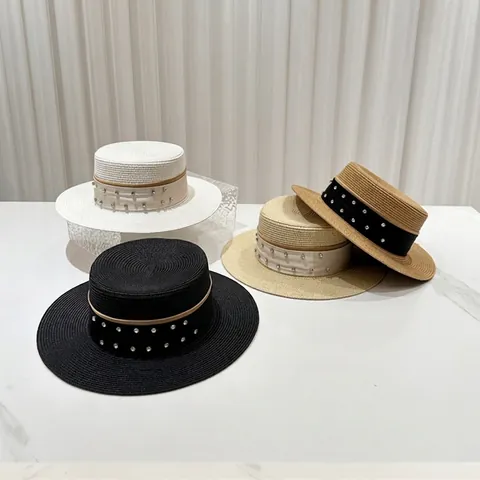 Cappello Boater Elegante Paglia Di Carta Tesa Larga Strass Traspirante Protezione Solare Viaggio Estate Stile Vintage Donne