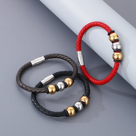 Bracciale Collana In Pelle Intrecciata Da Uomo Con Perle In Acciaio Inossidabile Chiusura Magnetica Gioielli Hip Hop