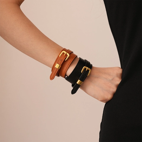 Vintage Faux Leather Wrap Bracelet Gold Alloy Belt Buckle Adjustable Choker Necklace For Women