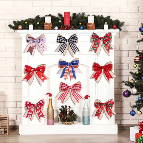 Noeud de Noël en Toile de Jute Rustique Imprimé Carreaux Noeuds de Fête pour Décoration d'Arbre Emballage Cadeau Accessoires DIY