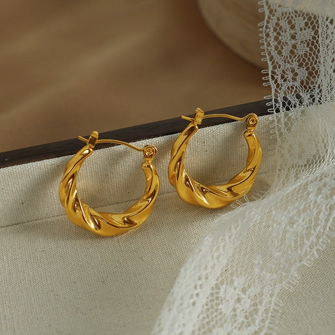French Minimalist Twisted Hoop Earrings For Women 18K Gold Plated Titanium Steel Spiral Geometric Huggie Hoop Earrings Daily Jewelry