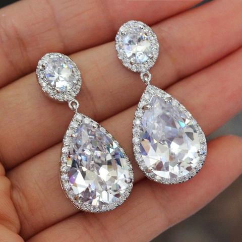 Elegant Pear Water Drop Earrings Copper Premium Zircon Halo Dangle For Women Wedding Bridal Jewelry Silver Color