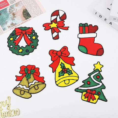 Christmas Window Stickers Glitter PVC Cartoon Santa Snowman Bell Patterns Static Cling Glass Showcase Decoration