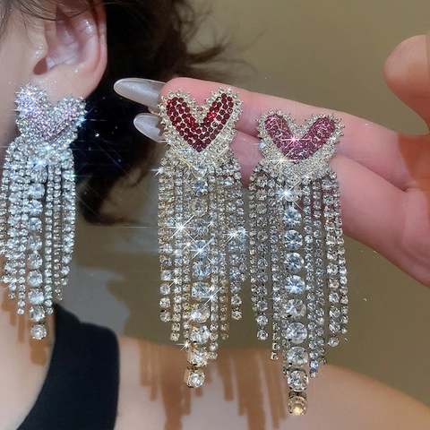 Herz Quasten Ohrhänger Legierung Strass Lang Mehrreihig Funkelnd Elegant Mit 925 Sterling Silber Ohrstecker Für Frauen