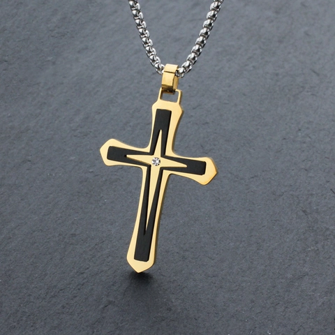 Cross Pendant Necklace Stainless Steel Double Layer Two Tone Hip Hop Jewelry With Rhinestone For Men Women