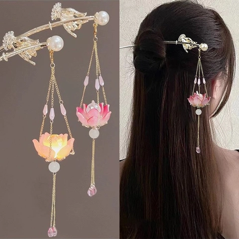 Glowing Lotus Lantern Tassel Hair Stick Alloy Faux Artificial Pearl Glass Rhinestone Ancient Chinese Style Hanfu Hairpin