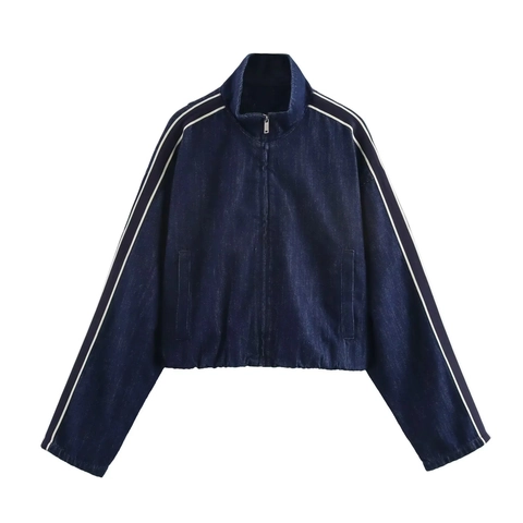 Damen Denim Jacke Und Hose Gestreift Stehkragen Reißverschluss Kordelzug Dunkelblau Lässig