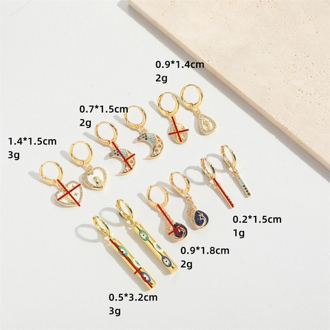 Pendientes Vintage de Cobre Circonia Ojo del Mal para Mujer Esmalte Corazón Luna Relieve Religioso Chapado en Oro Joyería