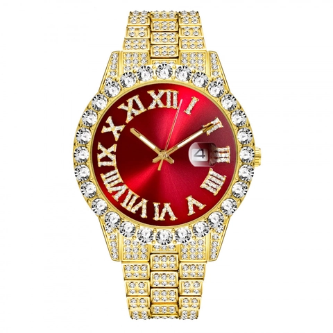Luxury Men's Quartz Watch Full Iced Out Rhinestone Gold Plated Stainless Steel Roman Numerals Calendar Hiphop Fashion