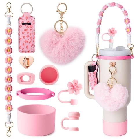 Silicone Straw Cover Cup Protective Boot Woven Flower Lanyard Heart Plush Charm Lipstick Holder Tumbler Accessories