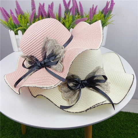 Women Large Wavy Brim Straw Hat With Lace Flower Ribbon Bow Sun Protection Beach Holiday Floppy Sunhat Elegant