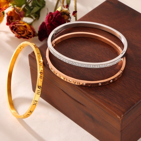Brazalete de Acero de Titanio Vintage con Números Romanos para Mujer Oro Oro Rosa Acero Diamantes de Imitación Joyería Minimalista