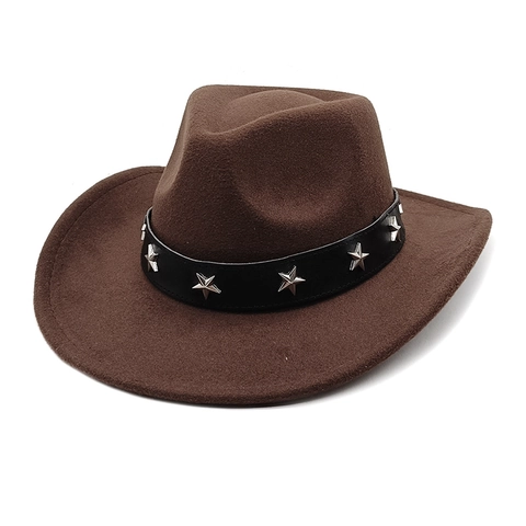 Cappello Da Cowboy Western Misto Cotone Poliestere Tesa Larga Borchie A Stella Fascia In Pelle Retro Jazz Fedora Per Uomo Donna