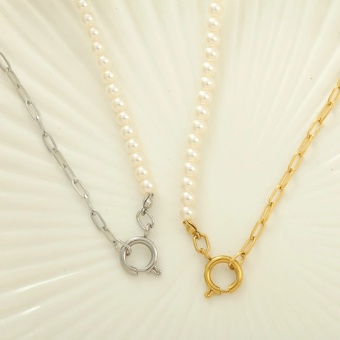 Collana a Giunture in Acciaio Inossidabile e Perle Artificiali Vintage Francese Elegante Chiusura a Levetta Oro Argento Gioielli da Donna