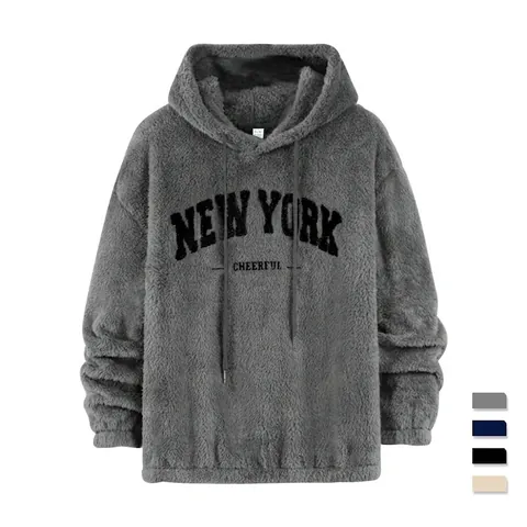 Men Hoodie Sherpa Fleece Winter Warm Letter Embroidery Oversized Loose Hooded Sweatshirt With Pocket Casual